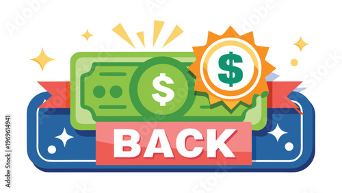 Promo of cashback rewards with cash and dollar signs on a simple background for online shopping