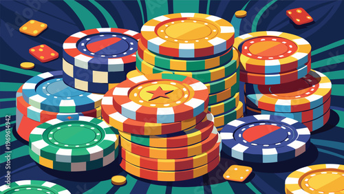 Colorful chips and dice set up for a game at a casino table during evening hours in a vibrant setting