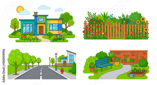 Charming cartoon houses and gardens under a sunny sky illustration