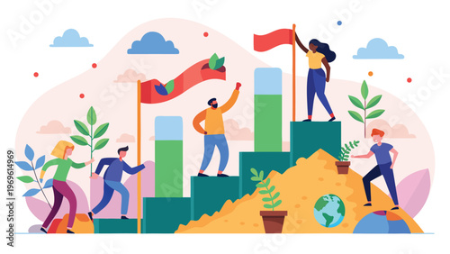 People climbing steps with flags while plants grow around them in a colorful outdoor setting in the daytime