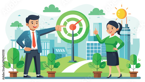 Business team works on target achievement in city park during daytime with buildings and plants around