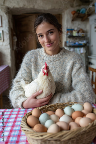Young woman with a chicken and a basket full of eggs. 