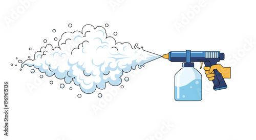 Hand holding a professional spray device emitting a large cloud of disinfectant mist for thorough surface cleaning and sanitization at home.