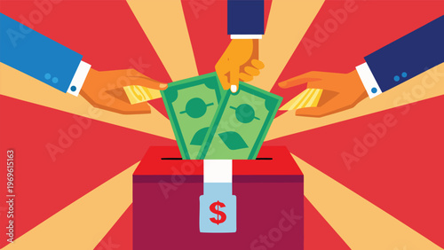 People contributing money to a donation box with hands reaching out during a fundraising event in a vibrant and colorful setting