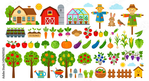 Colorful cartoon illustration depicting a farm with crops buildings and garden elements