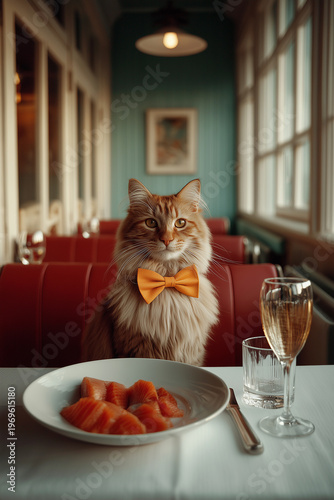Elegant cat sitting at a restaurant table in front of a dish of fish. 