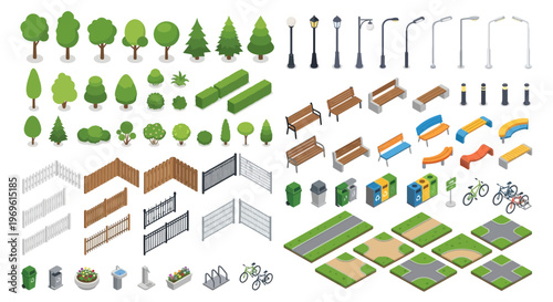 Isometric park and city elements collection with trees benches and street furniture