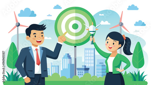 Business team celebrates success in front of a green city with wind turbines and a target in the background during the day