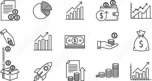 Finance and investment line icons set with money growth profit banking and startup funding concepts for business and digital design