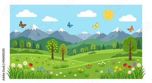 A colorful landscape featuring mountains trees flowers and several butterflies