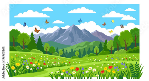 A vibrant landscape depicting mountains fields flowers and colorful butterflies