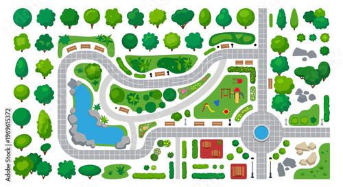 Aerial view of a colorful park with paths pond and playground