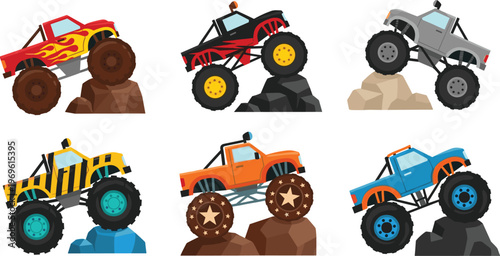 Monster trucks performing extreme off road stunts on rocky terrain, colorful big wheel vehicles, adventure motorsport action, powerful trucks illustration