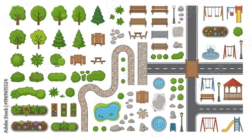 A colorful top down illustration of park elements and city infrastructure
