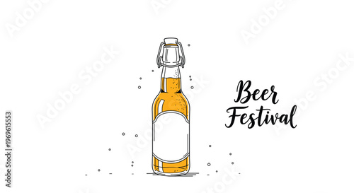 Vintage style beer bottle with a ceramic swing top cap and decorative bubbles beside a stylish beer festival calligraphic logo.