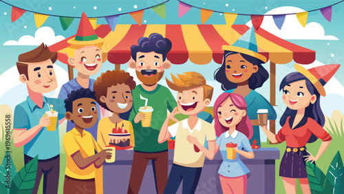 Group of friends enjoying celebration at outdoor party during daytime with food and drinks