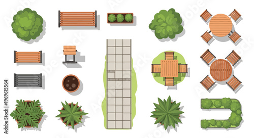 Aerial view of park elements including benches trees and furniture