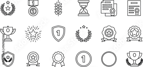Achievement award outline icon set featuring trophy medal badge certificate and winner recognition symbols for apps