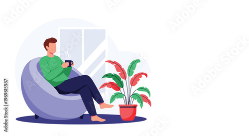 Relaxed man sitting in a comfortable purple bean bag chair while enjoying a hot cup of coffee next to a leafy green plant.