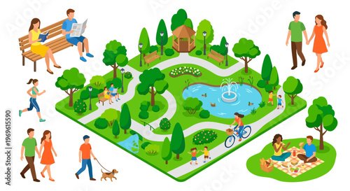Isometric illustration of a vibrant public park with people enjoying leisure