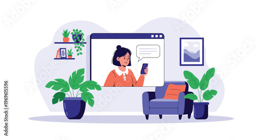 Professional woman participating in a remote video conference from her stylish home office decorated with many indoor plants.