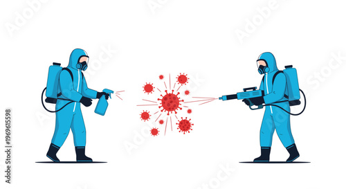 Team of sanitation workers in protective hazmat suits use specialized equipment to spray disinfectant on floating virus cells.