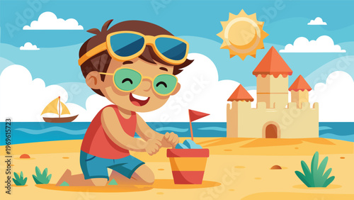Child builds sandcastle on beach with sunny sky and ocean in background during summer day