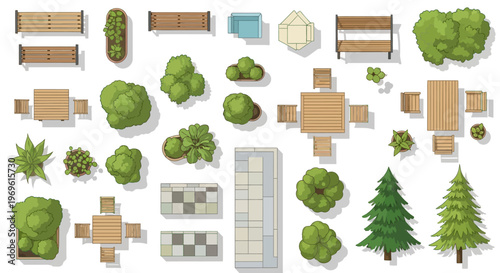 Aerial view of park elements trees benches and garden layouts