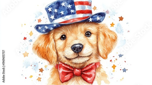 Golden retriever puppy wearing a patriotic hat and red bow tie, surrounded by colorful stars and splashes of paint, ideal for festive celebrations and holidays. The Independence Day