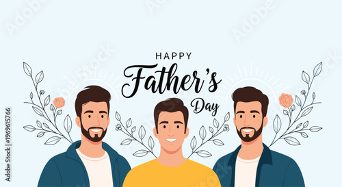 Happy father's day greeting card illustration featuring three smiling men framed by delicate floral branches and leaves.