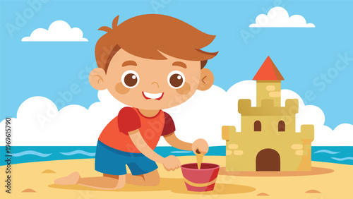 Child plays in the sand by the sea while building a sandcastle on a sunny day