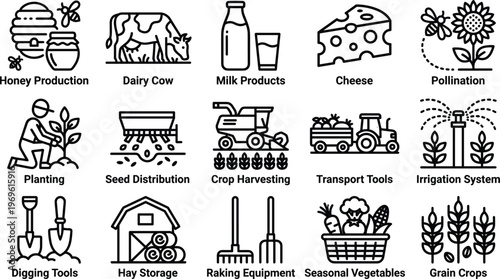 Agriculture, Farming, and Food Production Icons Set Featuring Dairy, Crops, Harvesting, Irrigation, and Pollination for Farm, Eco, and Agriculture Websites