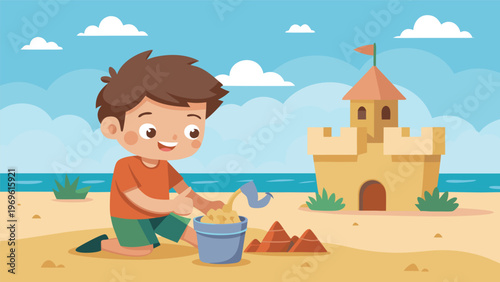 Child builds sandcastle at beach with bucket and shovel during sunny day near the ocean