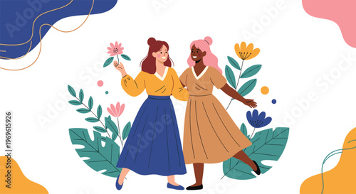 Two smiling women of different ethnicities stand together in a vibrant garden filled with oversized artistic flowers and leaves.