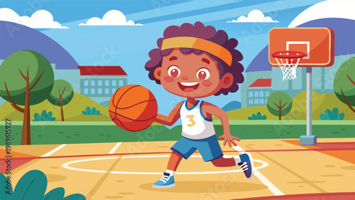 Boy runs on basketball court while holding a ball during daytime in a bright neighborhood park