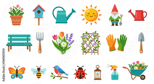 Colorful garden icons depicting tools plants and whimsical creatures