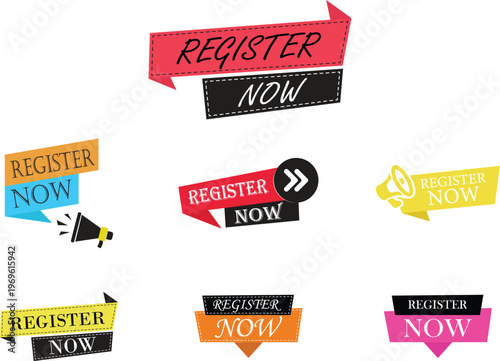 Register now icon set collection group featuring signup button symbol user account creation interface web app ui click join form registration digital access design flat modern concept.