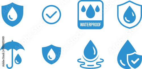 Blue Waterproof and Water Resistant Product Icon Set with Shield and Drops