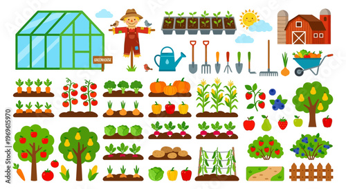 A colorful illustration depicting gardening tools plants and a farm scene