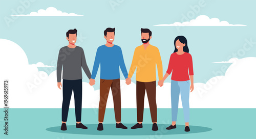 Group of diverse friends holding hands together against a bright sky background symbolizing unity and community support.