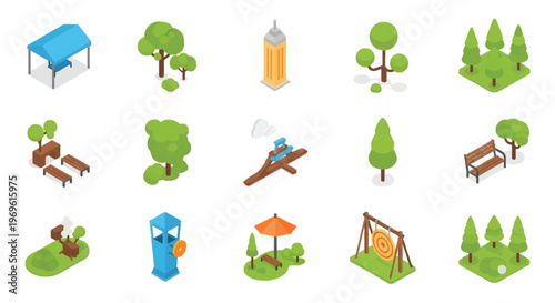 Isometric park elements including trees benches and recreational structures