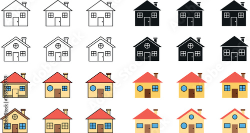 House icon set with outline silhouette and flat colorful homes for real estate property apps websites and maps