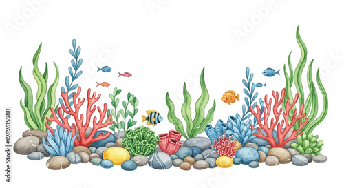 Watercolor illustration of a vibrant underwater scene with coral and fish