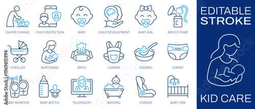 Kid care line icons set, childcare and parenting concept. Diaper change, pediatric, child protection, baby, bathing and more. Editable stroke.