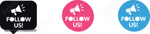Follow Us Social Media Icon Set with Megaphone and Speech Bubble Design