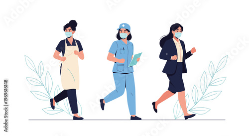 Three dedicated women in different professional uniforms wear masks while running together to symbolize perseverance and action.