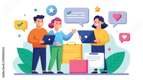 Three people talking and working with laptops and tablets in a colorful office setting during daytime