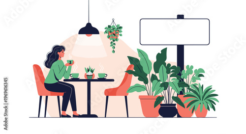 Peaceful woman sitting at a cafe table drinking coffee in a room filled with lush green plants next to a blank sign.