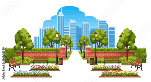 A vibrant park pathway leads towards a modern city skyline backdrop