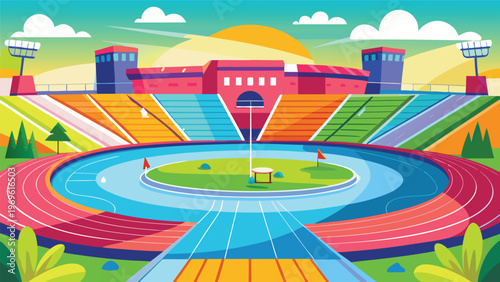 Stadium with running track and field during sunset with colorful seating and green landscape